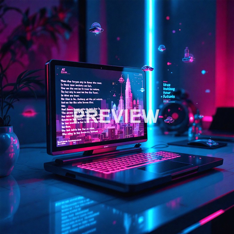 A laptop displaying neon-lit cityscape graphics and text, surrounded by floating holographic elements in a dark, colorful room with plants and other electronic devices.